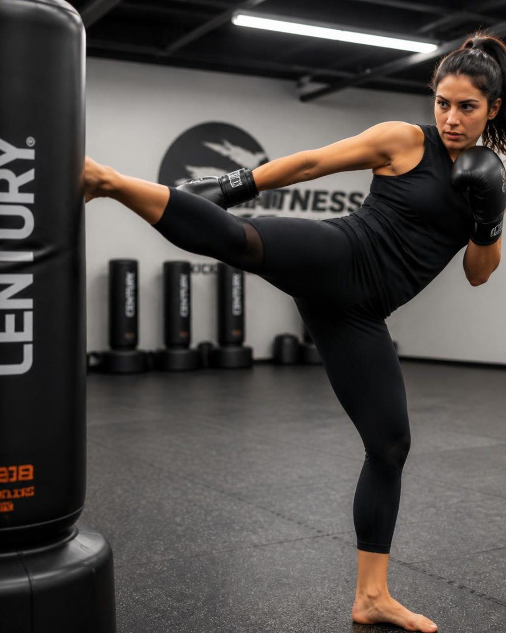 Kickboxing class: high kick on a heavy free-standing bag